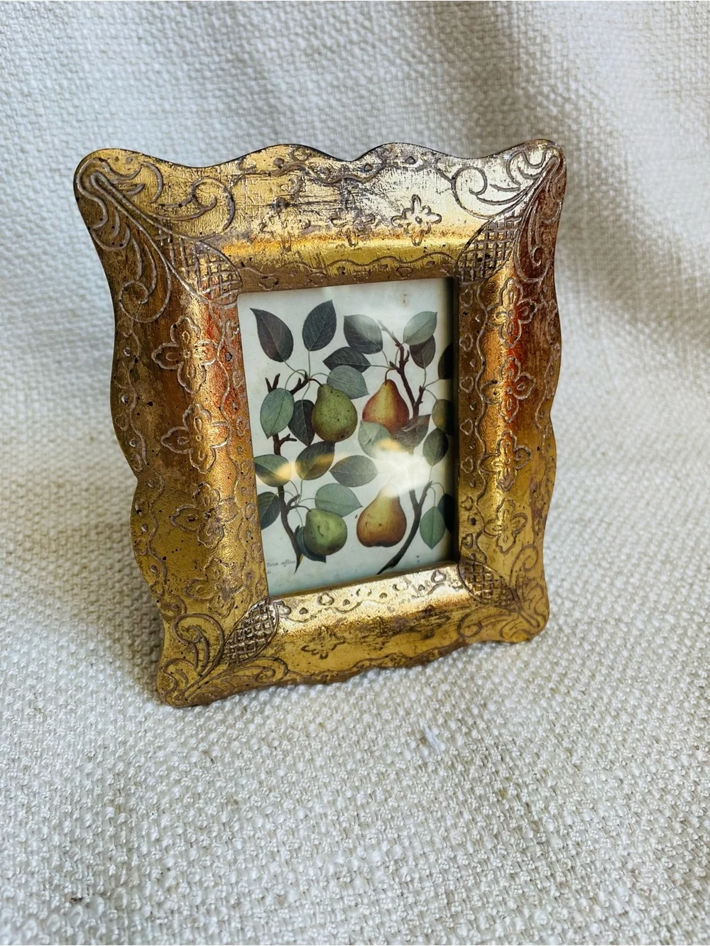 Ornate Gold Decorative Picture Frame with Botanical Pear Print Fits 2.5x3.5